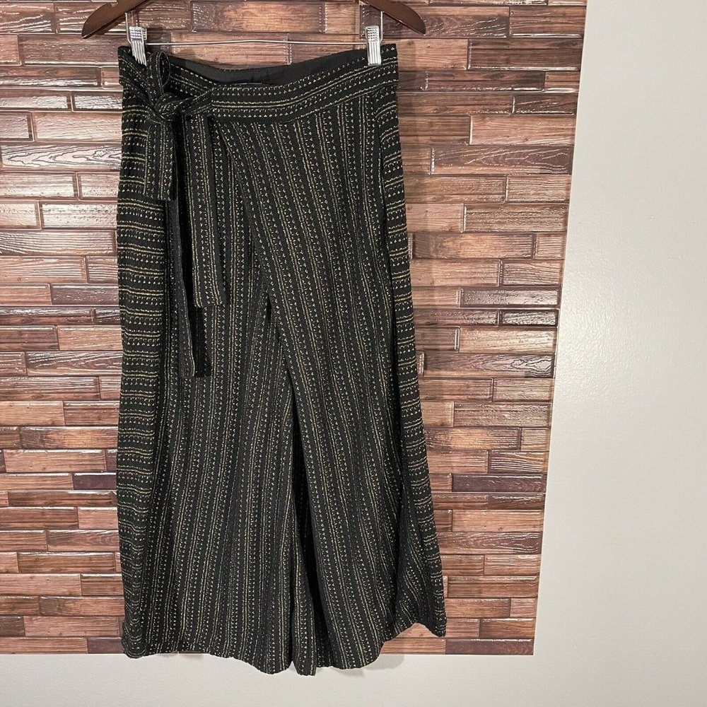 Anthropologie Eva Franco Size M Wide Leg Crop Pants Black Gold Tie High Waist